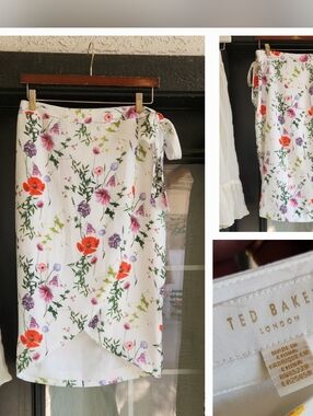 Ted Baker White Floral Wrap Skirt with Red & Purple Blooms